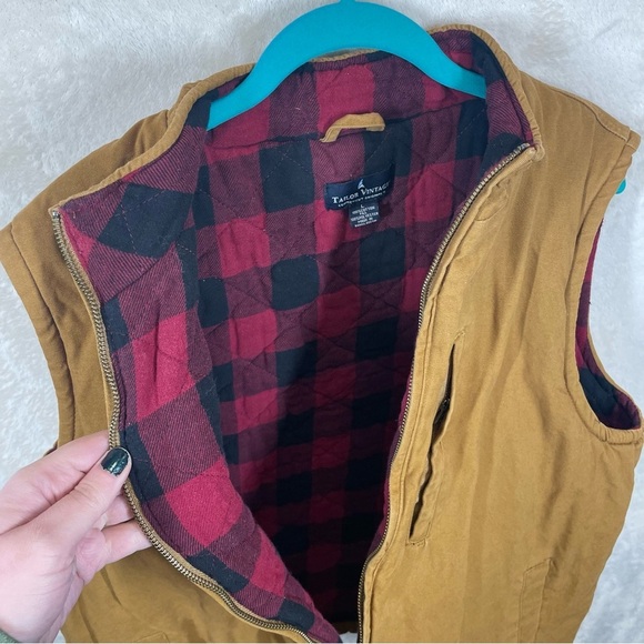 Tailor Vintage Pur Tec canvas vest Red Buffalo Plaid Lined Jacket Men’s large - Picture 6 of 7